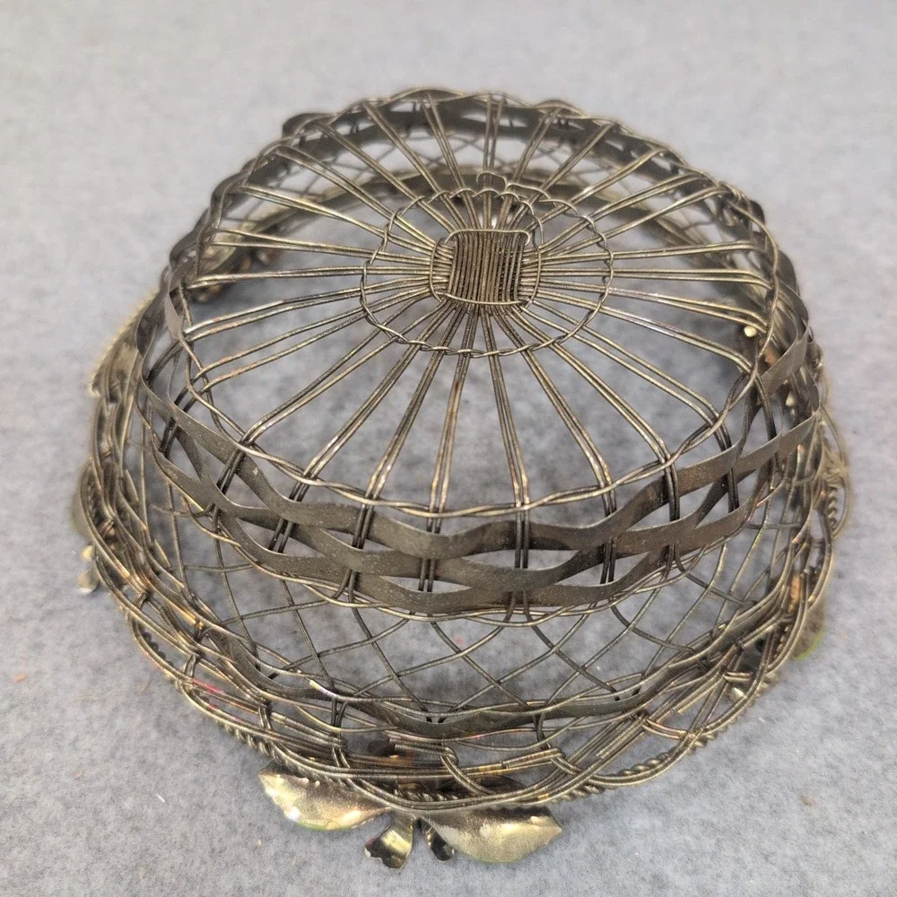 Vintage Silver Tone Woven Wire Basket with Enameled Flowers and Swing Handle
